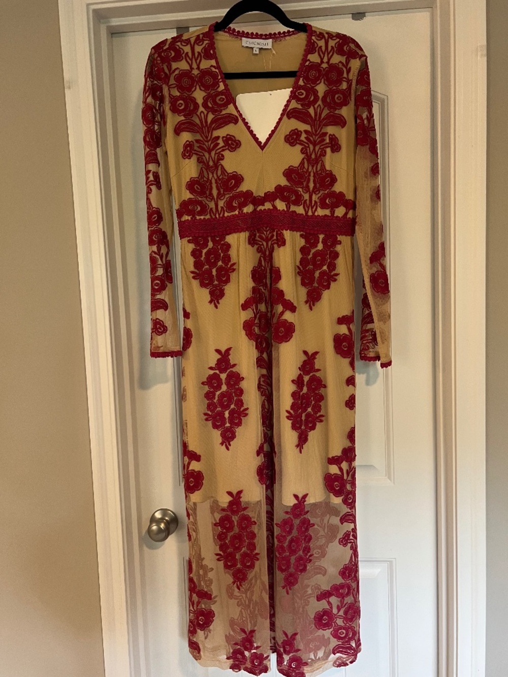 Formal burgundy and nude maxi dress with sheer sleeves. - Picture 1 of 5